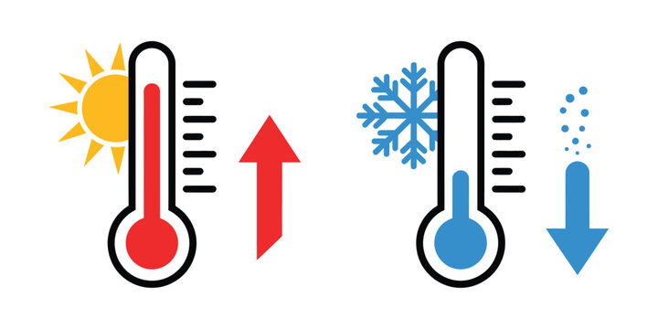 Thermometer vector icons showing temperature increase and decrease symbols for monitoring systems.