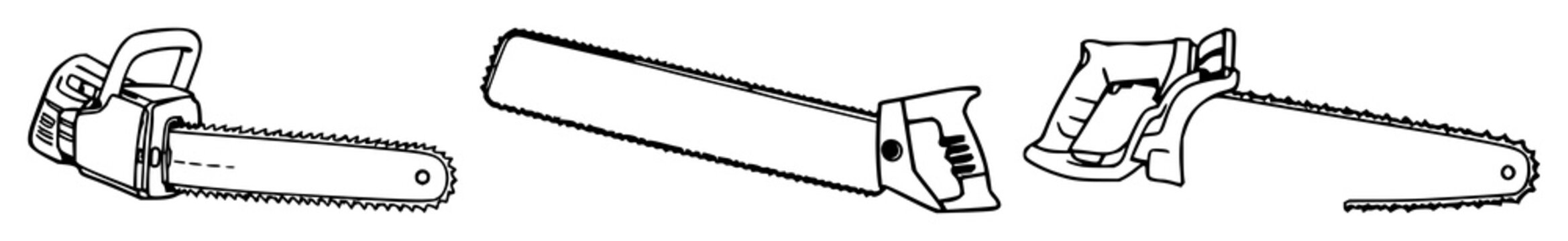 Saw set with crisp black line art on white background featuring industrial blade, mechanical hand tool, cutting implements with precision and utility