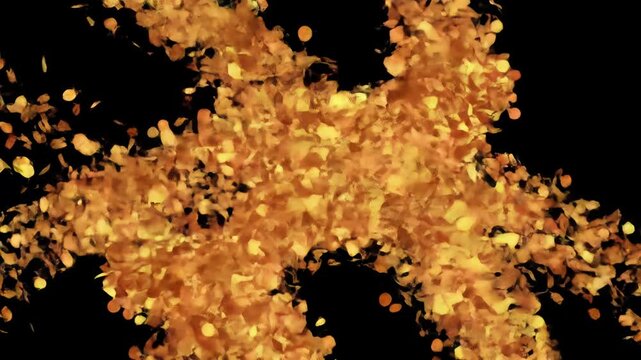 Explosive burst of ultra-sharp, glittering golden and copper metallic confetti particles fanning dynamically across the 16:9 wide video, transitioning from black to green screen with ample negative