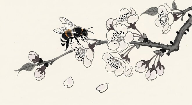 A bee lands on a blooming cherry blossom branch with petals.