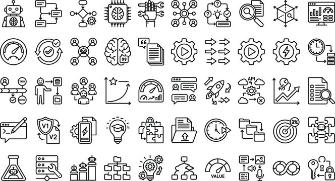 AI workflow automation outline icon set with analytics performance optimization and software development symbols for app design