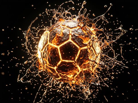 Glowing molten lava soccer ball exploding with liquid gold splashes