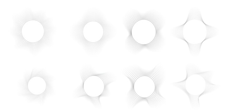 Round sound wave frames, circular lines pattern, radial curvy shapes, geometric concentric design. Vector illustration.