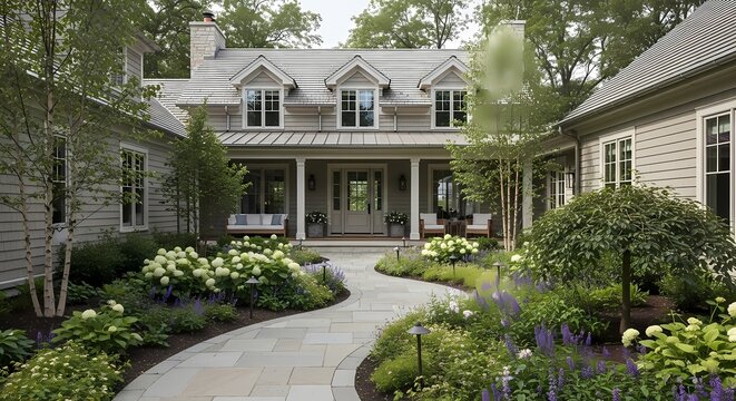 Beautiful cape cod style home with winding stone path white hydrangeas and professional garden landscaping.