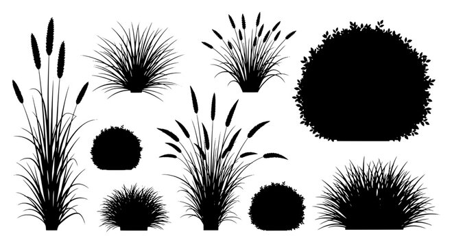 Grass firework cluster set with silhouette sparks and spiky tufts, vector style for festive background design