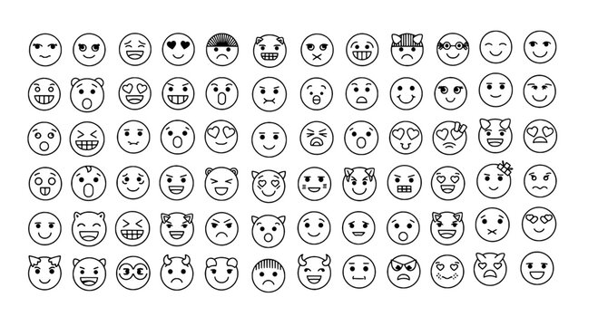 Smiley faces doodle icons set with minimal line art expressions for stickers, social media, and communication designs