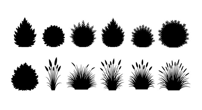 Bushes and grass set with various shapes and textures in black silhouette style featuring plants, nature, vegetation with garden and landscape