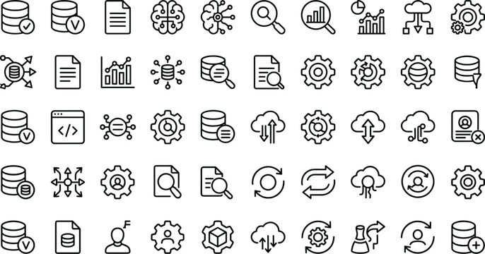 Data management outline icon set with database cloud processing AI analytics and workflow automation symbols for app design