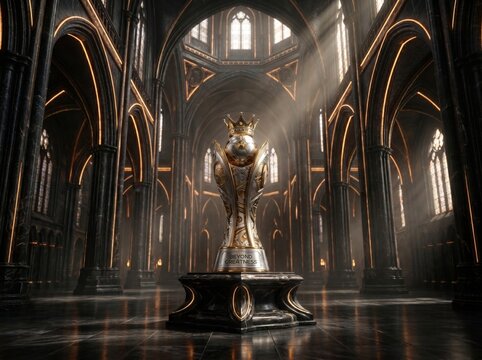 Ornate soccer trophy with crown in a grand gothic cathedral interior