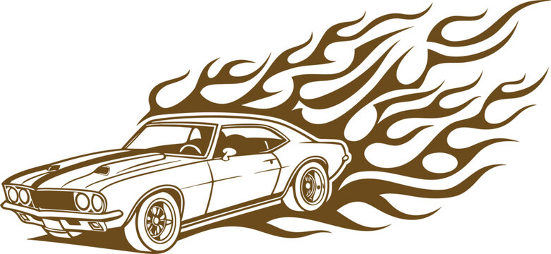 Vintage muscle car with blazing flames in retro hot rod style. Classic American sports coupe speeding with fiery tribal graphics. Monochrome automotive illustration for racing, transport, tattoo, and 