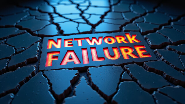Cracked dark surface with glowing typography expressing collapse of digital infrastructure and severe technological network instability