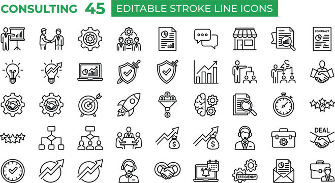 Consulting and Business Strategy Line Icon Collection Featuring Management Finance Analytics and Corporate Communication Symbols
