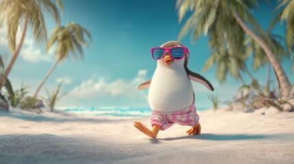 A playful and humorous scene of a penguin wearing pink shorts and sunglasses relaxing on a tropical beach with palm trees and the sea in the background. The image creates a fun summer vacation mood.