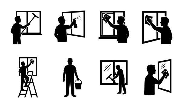Window Cleaning Icons Set: Silhouette Illustrations of Housekeeping Tasks, Squeegee, Spray Bottle, Bucket, Ladder, and Wiping Actions
