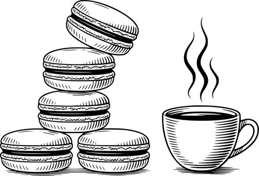 Black and white of stacked macarons and steaming coffee cup white background sweet