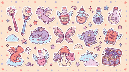 Fototapeta premium Kawaii fantasy sticker set with cute dragons and magic potions, pastel fairy tale vector collection, mystical spell books and wands