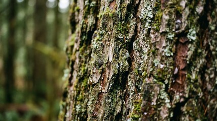 Fototapeta premium Close-up view of natural tree bark surface, displaying intricate textures, warm earthy tones, and vibrant moss and lichen within a tranquil forest setting