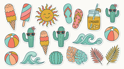 Retro summer sticker set with 18 hand drawn icons, cute beach vacation elements in pastel colors, sun and cactus vector illustrations for scrapbooking © DesignAura