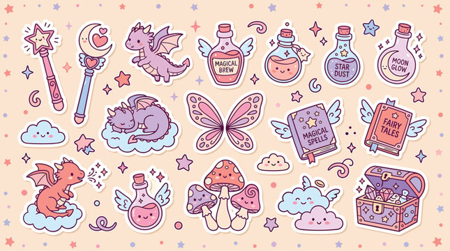 Kawaii fantasy sticker set with cute dragons and magic potions, pastel fairy tale vector collection, mystical spell books and wands