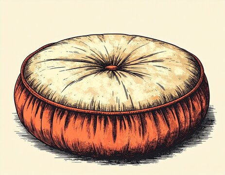 Vintage hand-drawn illustration of yoga and wellness elements in warm terracotta tones, spiritual mindfulness collection, round meditation cushion zafu