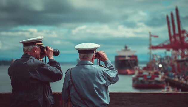 Harbormasters directing ships via binoculars, docks busy, International Labour Day signal flag, port authority command, nautical horizon