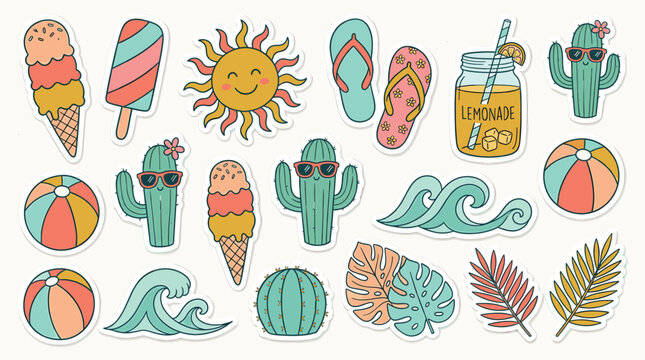 Retro summer sticker set with 18 hand drawn icons, cute beach vacation elements in pastel colors, sun and cactus vector illustrations for scrapbooking