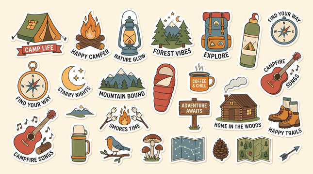 Vintage camping sticker set with outdoor adventure icons, retro forest hiking badges, rustic nature exploration vector collection for scrapbooking
