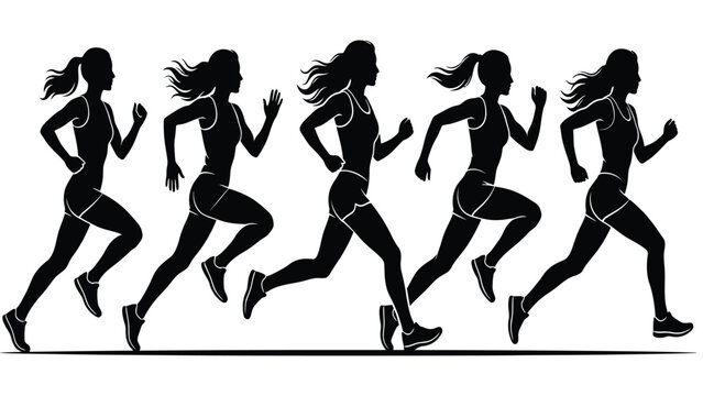 Runner silhouettes demonstrate the progression of a female athlete in a high speed sprint.