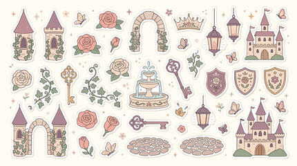 Vintage fairytale sticker set with magical castles and roses, whimsical princess garden vector elements, pastel fantasy castle icons for scrapbooking © DesignAura
