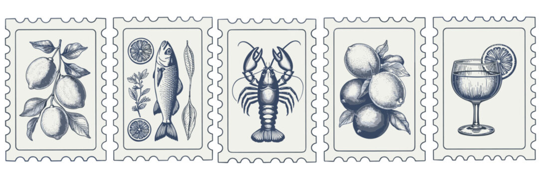 Five postage stamp of lemons lobster fish and cocktail vintage retro food