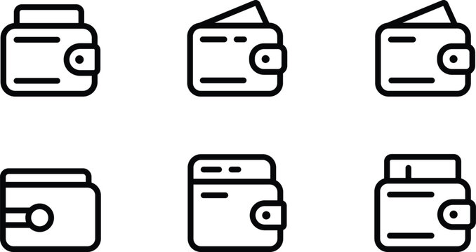 Line drawing of various wallets and purses on transparent background