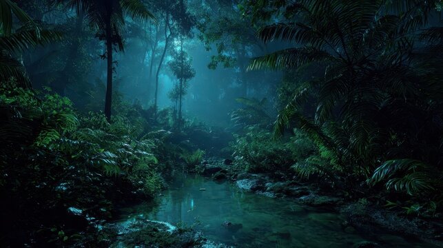 Nocturnal jungle landscape with moonbeam through canopy and mist