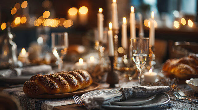 Warm candlelight Hanukkah dinner table with braided challah, glowing candles, wine glasses and cozy festive atmosphere creating intimate holiday gathering mood