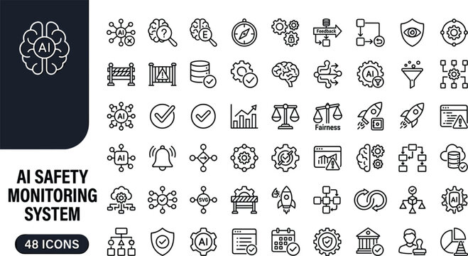 AI safety monitoring system line icon collection with governance compliance risk controls for software interface design