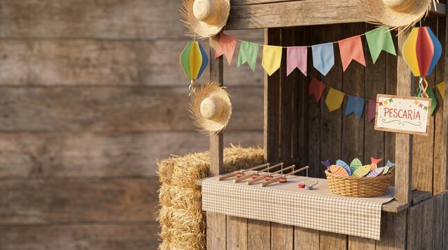 Festa Junina: Rustic Fishing Game Booth with Colorful Paper Fish