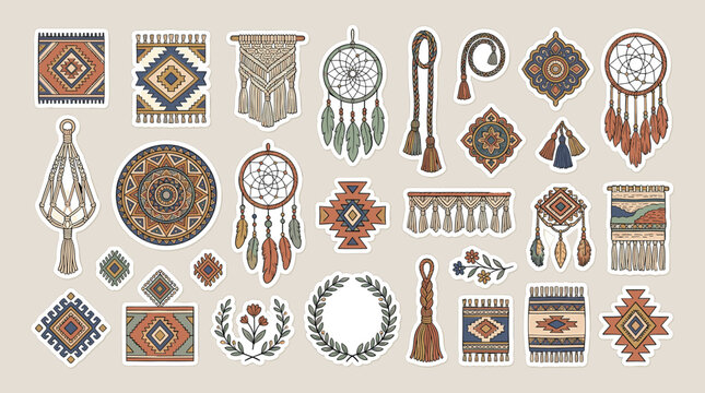 Bohemian macrame and dreamcatcher sticker set, ethnic tribal textile patterns and woven wall hangings, 25 boho decor vector elements