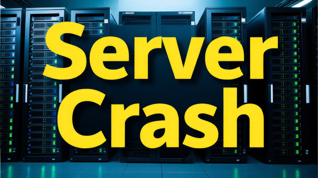 Futuristic server infrastructure with massive typography illustrating catastrophic server collapse and digital operational instability