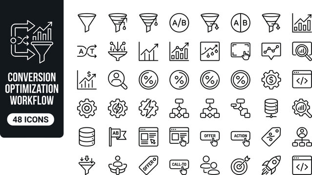 PrintConversion optimization workflow line icon set with marketing funnel analytics testing symbols for website interface design