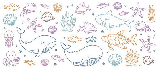 Hand drawn ocean creatures and marine life in pastel colors underwater fish © Bappy