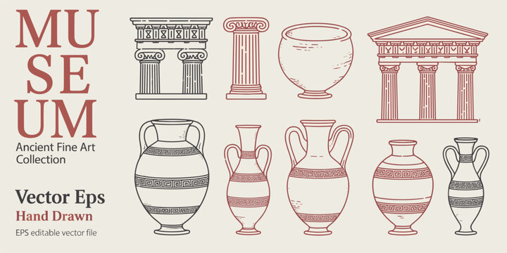 Ancient greek museum collection of pottery amphorae columns and temple facade hand drawn