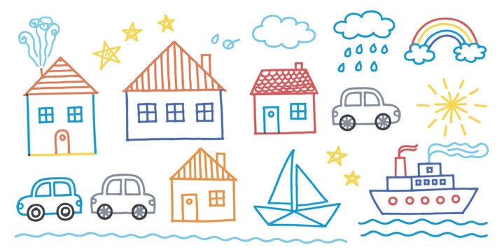 Childlike crayon of houses cars boats sun rain clouds and rainbow crayon child houses ship