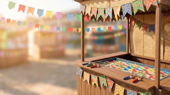 Festa Junina: Fishing Game Booth with Colorful Flags and Copy Space