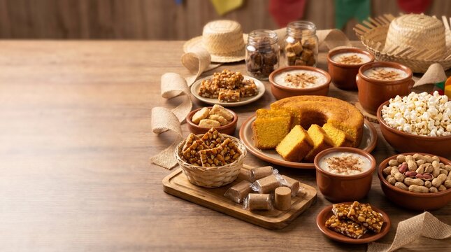 Festa Junina: Typical Food Spread with Corn Cake, Popcorn and Hominy