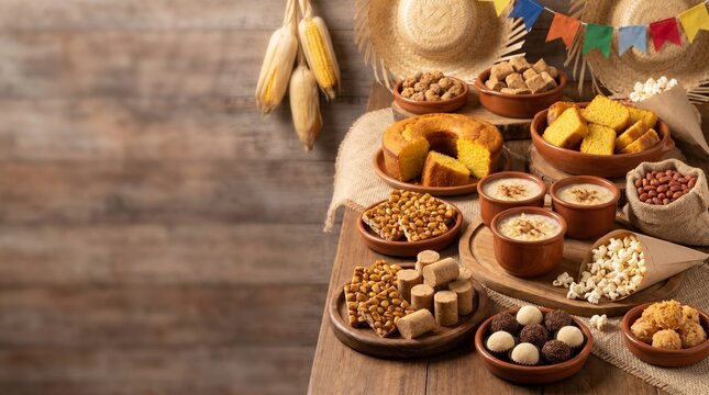 Festa Junina: Traditional Sweets and Corn Food Flat Lay with Copy Space