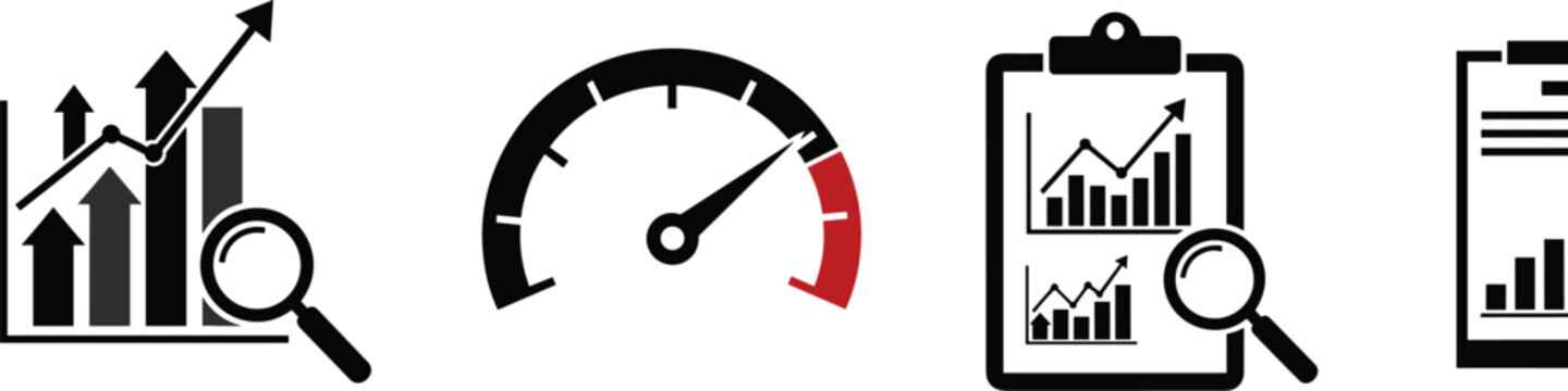 Analytics and Data Icon Set in Vector Illustration Featuring Graphs, Metrics, and Data Tracking Symbols