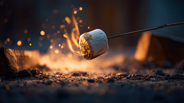 Roasted marshmallow fire campfire night warm glow toasted marshmallow marshmallow fire campfire night warm glow toasted stick flame ember roasting outdoor cozy camp smore sugar brown char close up