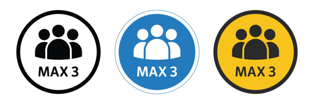 Maximum three people capacity icons set, group badge symbols for occupancy limits and safety regulation signage design.