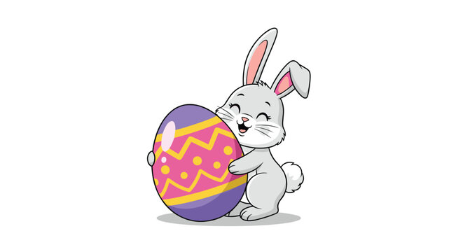 Happy light grey bunny rabbit hugging a large decorated purple easter egg with yellow zig zag patterns and a pink stripe.