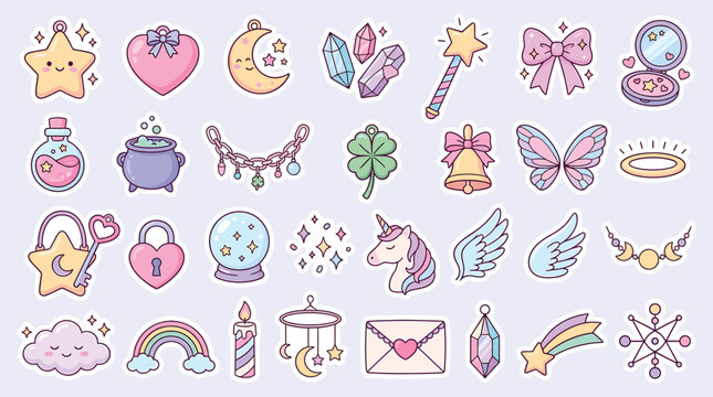 Kawaii magic sticker set with 28 pastel icons, cute mystical fantasy elements vector, whimsical fairy tale aesthetic patches for planners