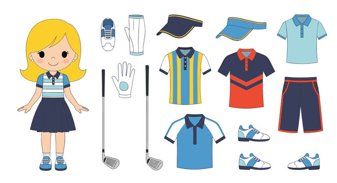 Young blonde girl character surrounded by various golf equipment including clubs, shirts, shorts, shoes, visors, and a glove vector set.
